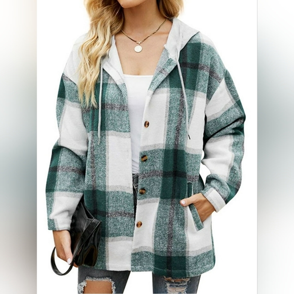 Jackets & Blazers - MOSHU Flannel Shirts for Women Button Down Plaid Shirt Hooded Shacket Jacket